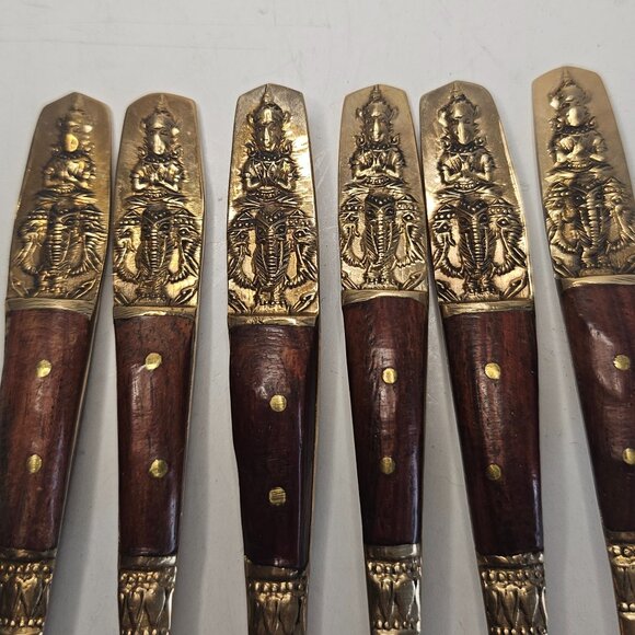 Other - Vintage SIAM 6 Brass-Bronze gold tone & Teak wood cocktail forks Thailand